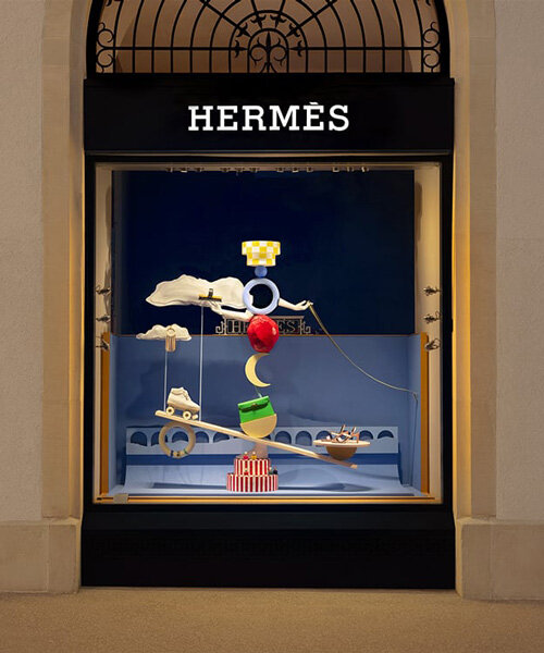 a whimsical window display intertwining the mundane and surreal marks Hermès zurich